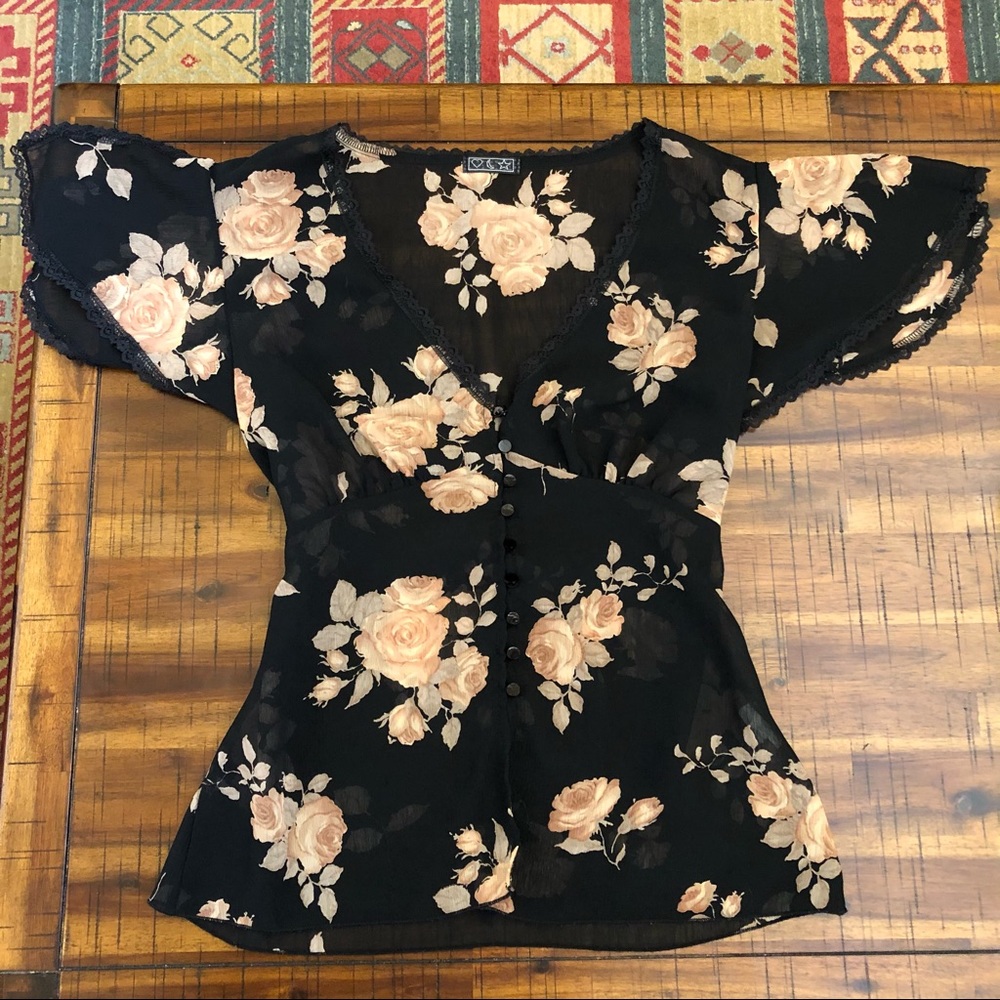 Sheer Floral Button Down Blouse